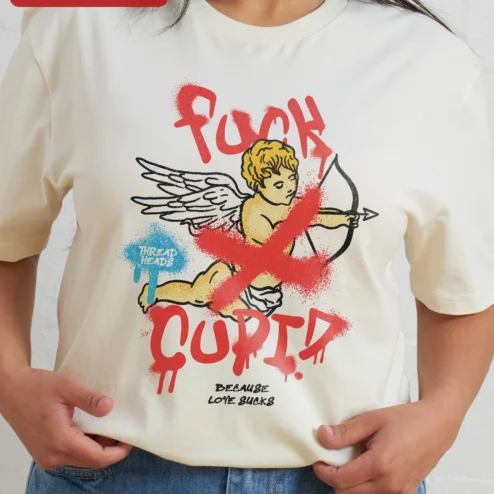 Customer in Chicago, Illinois wearing Fuck Cupid Because Love Sucks Tee Anti Valentines Day Gift Funny Sarcastic Grunge Graphic Shirt for