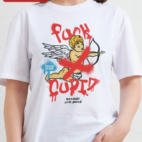Customer in Chicago, Illinois wearing Fuck Cupid Because Love Sucks Tee Anti Valentines Day Gift Funny Sarcastic Grunge Graphic Shirt for