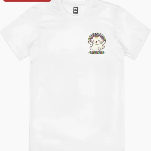 Fuck Off Cat Graphic Tee Cute Kawaii Rainbow Sarcastic Gift on a hanger, ready to ship from Chicago, Illinois