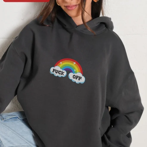FUCK OFF Rainbow Cloud Graphic Hoodie Edgy Streetwear Profanity Apparel for Adults on a hanger, ready to ship from Chicago, Illinois