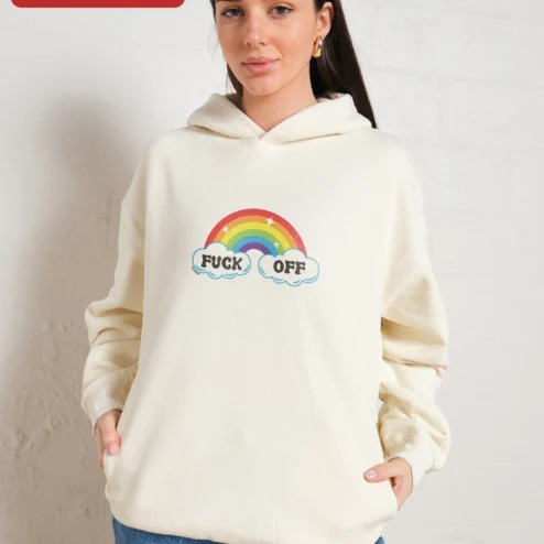 Customer in Chicago, Illinois wearing FUCK OFF Rainbow Cloud Graphic Hoodie Edgy Streetwear Profanity Apparel for Adults