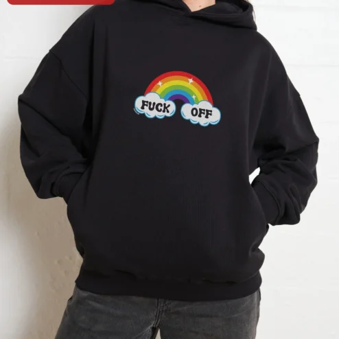 FUCK OFF Rainbow Cloud Graphic Hoodie Edgy Streetwear Profanity Apparel for Adults