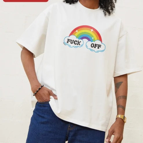 FUCK OFF Rainbow Graphic Tee Edgy Sarcastic Humor Shirt for Adults on a hanger, ready to ship from Chicago, Illinois