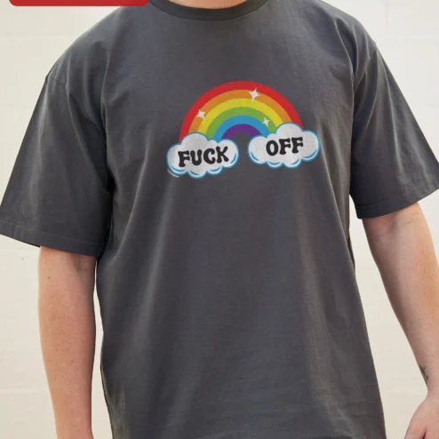 FUCK OFF Rainbow Graphic Tee Funny Edgy Streetwear Shirt for Adults on a hanger, ready to ship from Chicago, Illinois