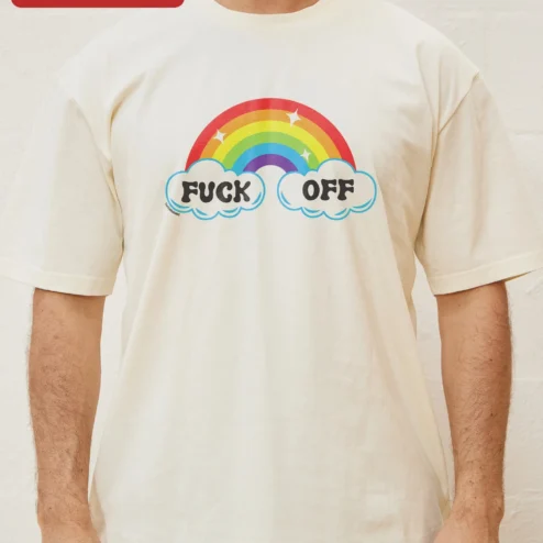 Customer in Chicago, Illinois wearing FUCK OFF Rainbow Graphic Tee Funny Edgy Streetwear Shirt for Adults