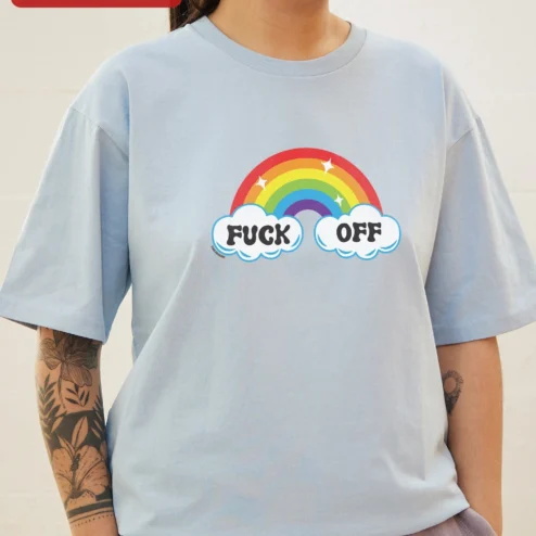 Close-up of FUCK OFF Rainbow Graphic Tee Funny Edgy Streetwear Shirt for Adults for streetwear fans in Chicago, Illinois