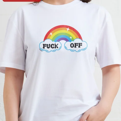 Customer in Chicago, Illinois wearing FUCK OFF Rainbow Graphic Tee Funny Edgy Streetwear Shirt for Adults