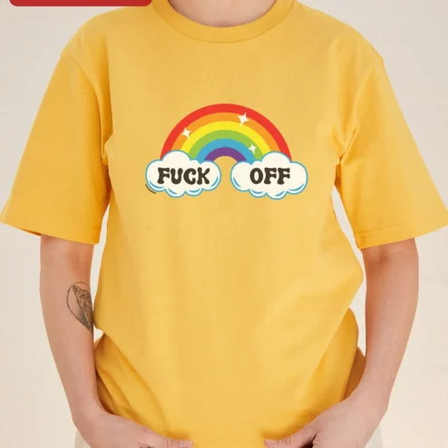 Close-up of FUCK OFF Rainbow Graphic Tee Funny Edgy Streetwear Shirt for Adults for streetwear fans in Chicago, Illinois
