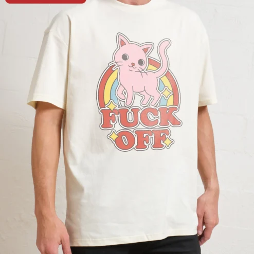 Fuck Off Tee Funny Cat Retro Rainbow Graphic T-Shirt Sarcastic Humor Gift on a hanger, ready to ship from Chicago, Illinois