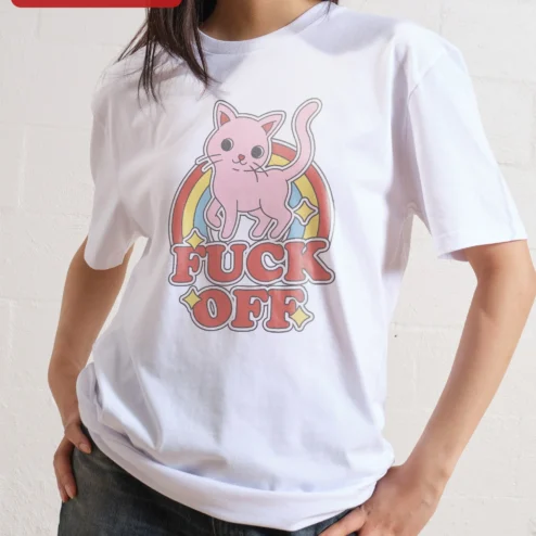 Customer in Chicago, Illinois wearing Fuck Off Tee Funny Cat Retro Rainbow Graphic T-Shirt Sarcastic Humor Gift