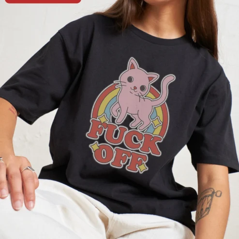 Fuck Off Tee Funny Cat Retro Rainbow Graphic T-Shirt Sarcastic Humor Gift