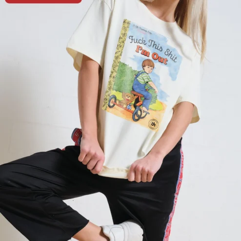 Fuck This Shit I'm Out Tee Funny Quitting Ringer Shirt Retro Tricycle Kid Graphic on a hanger, ready to ship from Chicago, Illinois