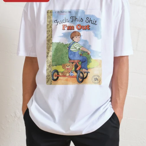 Customer in Chicago, Illinois wearing Fuck This Shit I'm Out Tee Funny Quitting Ringer Shirt Retro Tricycle Kid Graphic