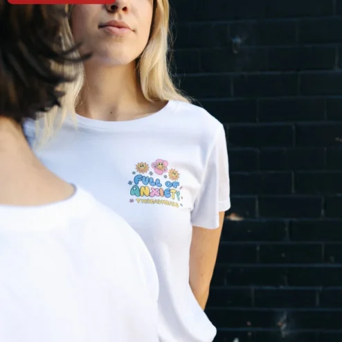 Full Of Anxiety Cute Cartoon Suns And Flowers Graphic Tee Mental Health Humor Gift For Women Men on a hanger, ready to ship from Chicago, Illinois