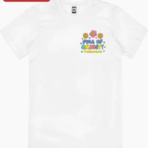 Close-up of Full Of Anxiety Cute Cartoon Suns And Flowers Graphic Tee Mental Health Humor Gift For Women Men for streetwear fans in Chicago, Illinois