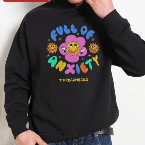 Full of Anxiety Hoodie Retro Smiley Flower Graphic Pullover for Men Women Gen Z Mental Health Humor on a hanger, ready to ship from Chicago, Illinois