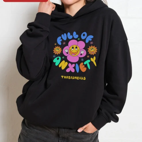Customer in Chicago, Illinois wearing Full of Anxiety Hoodie Retro Smiley Flower Graphic Pullover for Men Women Gen Z Mental Health Humor