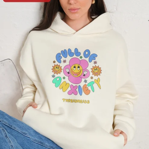 Close-up of Full of Anxiety Hoodie Retro Smiley Flower Graphic Pullover for Men Women Gen Z Mental Health Humor for streetwear fans in Chicago, Illinois