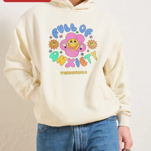 Full of Anxiety Hoodie Retro Smiley Flower Graphic Pullover for Men Women Gen Z Mental Health Humor Apparel