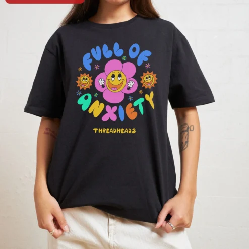 Full of Anxiety Retro Flower Graphic Tee Funny Mental Health Humor Shirt for Gen Z Millennials on a hanger, ready to ship from Chicago, Illinois