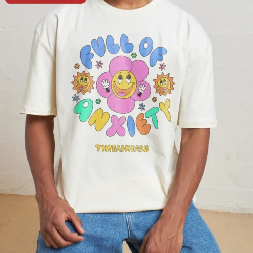Customer in Chicago, Illinois wearing Full of Anxiety Retro Flower Graphic Tee Funny Mental Health Humor Shirt for Gen Z Millennials