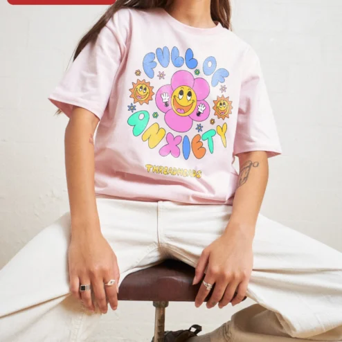 Close-up of Full of Anxiety Retro Flower Graphic Tee Funny Mental Health Humor Shirt for Gen Z Millennials for streetwear fans in Chicago, Illinois