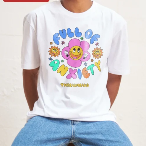 Customer in Chicago, Illinois wearing Full of Anxiety Retro Flower Graphic Tee Funny Mental Health Humor Shirt for Gen Z Millennials