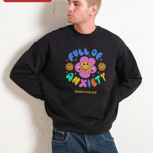 Full of Anxiety Sweatshirt Retro Smiley Flower Graphic Crewneck for Women Men on a hanger, ready to ship from Chicago, Illinois