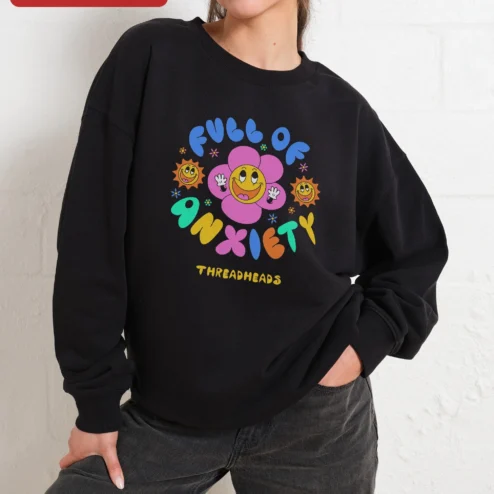 Customer in Chicago, Illinois wearing Full of Anxiety Sweatshirt Retro Smiley Flower Graphic Crewneck for Women Men