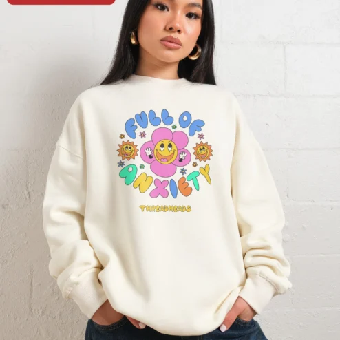 Close-up of Full of Anxiety Sweatshirt Retro Smiley Flower Graphic Crewneck for Women Men for streetwear fans in Chicago, Illinois