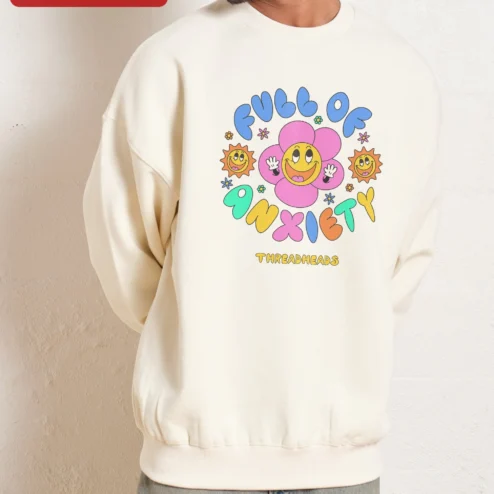 Full of Anxiety Sweatshirt Retro Smiley Flower Graphic Crewneck for Women Men
