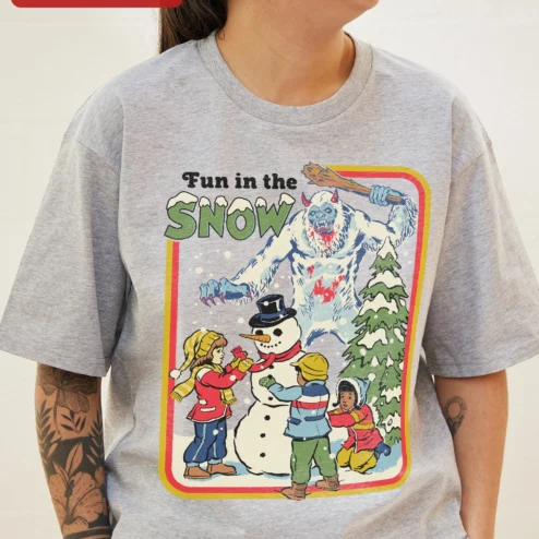 Fun in the Snow Tee Retro Horror Yeti Christmas Graphic Shirt for Adults