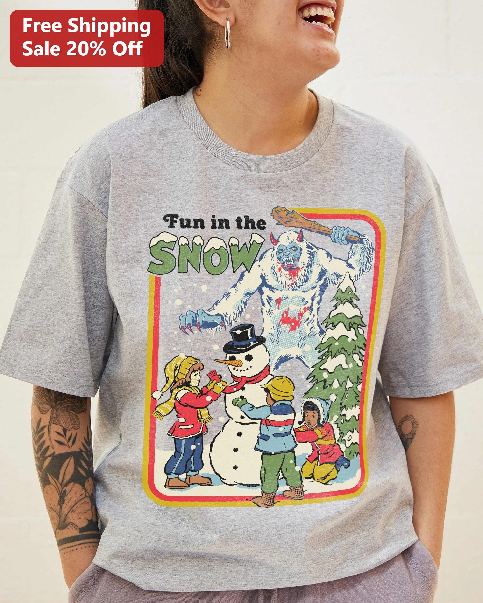 Fun in the Snow Tee Retro Horror Yeti Christmas Graphic Shirt for Adults