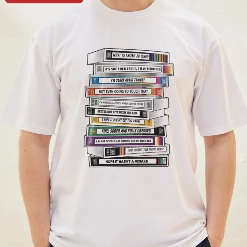 Close-up of Funny Apology Quote Tee It's Not Your Fault I Was Terrible Sarcastic VHS Tape Graphic Shirt for streetwear fans in Chicago, Illinois