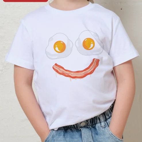 Funny Bacon and Eggs Kids Tee Cute Breakfast Food Graphic Shirt for Children on a hanger, ready to ship from Chicago, Illinois