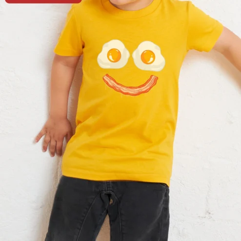 Customer in Chicago, Illinois wearing Funny Bacon and Eggs Kids Tee Cute Breakfast Food Graphic Shirt for Children
