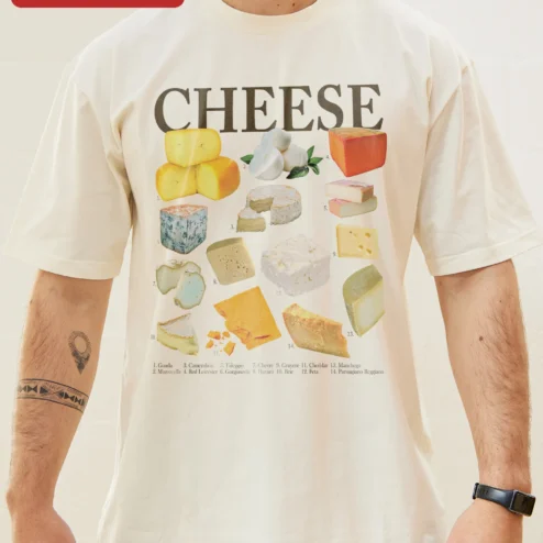 Funny Cheese Chart Graphic Tee Vintage Dairy Foodie Gift for Cheese Lovers on a hanger, ready to ship from Chicago, Illinois