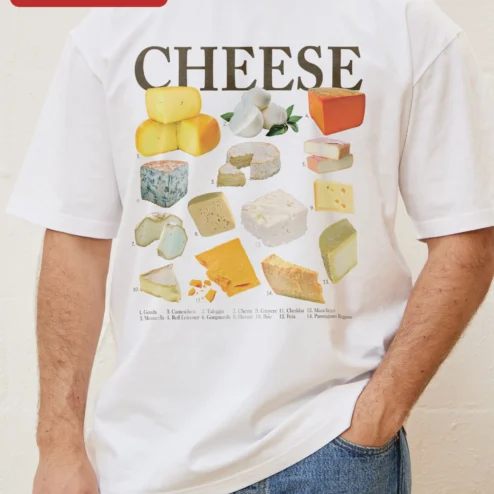 Customer in Chicago, Illinois wearing Funny Cheese Chart Graphic Tee Vintage Dairy Foodie Gift for Cheese Lovers