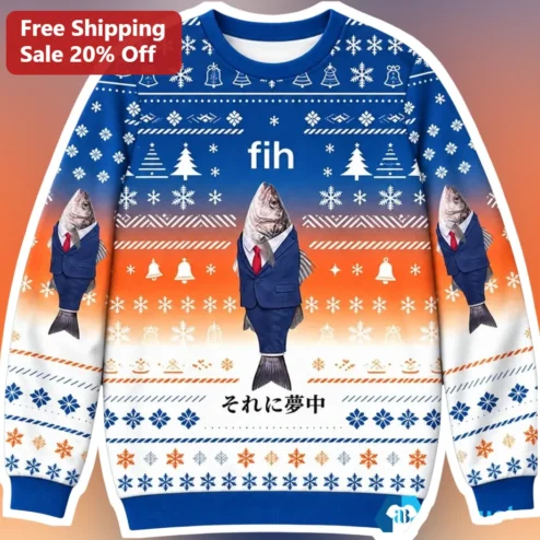 Funny Fish Ugly Christmas Sweater Japanese Text Novelty Holiday Pullover