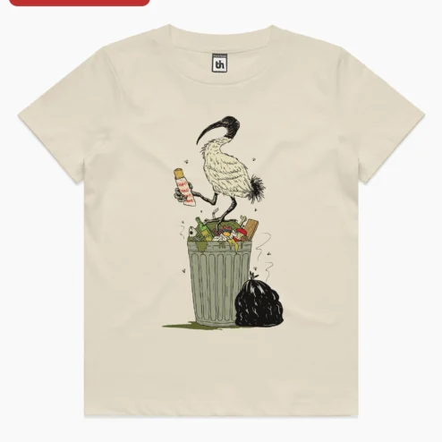 Funny Ibis Beer Trash Can Graphic Tee on a hanger, ready to ship from Chicago, Illinois