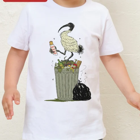 Close-up of Funny Ibis Beer Trash Can Graphic Tee for streetwear fans in Chicago, Illinois