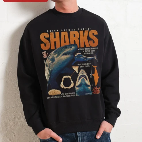 Customer in Chicago, Illinois wearing Funny Shark Facts Sweatshirt Good Will Hunting Meme Crewneck for Men Women