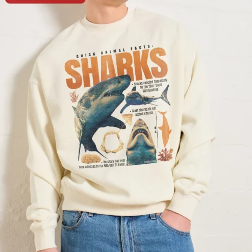 Close-up of Funny Shark Facts Sweatshirt Good Will Hunting Meme Crewneck for Men Women for streetwear fans in Chicago, Illinois