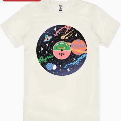 Close-up of Galaxy Vinyl Record Tee Retro Space Music Lover Graphic Shirt for Men Women for streetwear fans in Chicago, Illinois