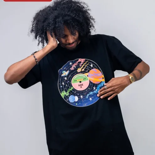 Galaxy Vinyl Record Tee Retro Space Music Lover Graphic Shirt for Men Women