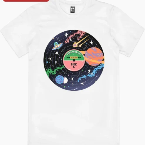 Customer in Chicago, Illinois wearing Galaxy Vinyl Record Tee Retro Space Music Lover Graphic Shirt for Men Women