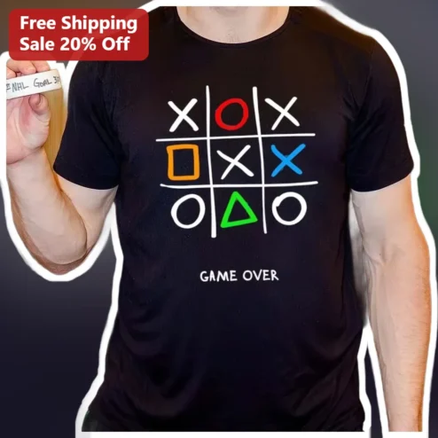 Game Over Tic Tac Toe Graphic Tee Retro Gaming Puzzle Shirt for Men Women available at our Chicago, Illinois warehouse