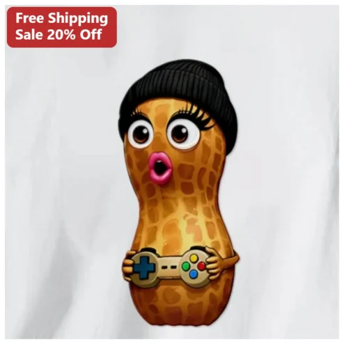 Gamer Peanut Character Tee Funny Anthropomorphic Peanut with Controller Cartoon Graphic Shirt for Gamers