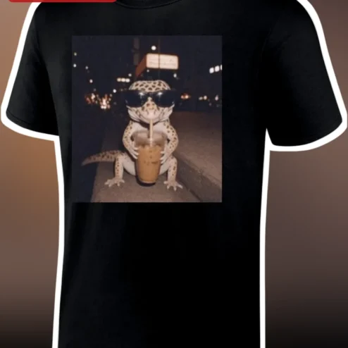 Gecko Drinking Iced Coffee Meme Tee Leopard Gecko Sunglasses Funny Reptile Coffee Lover Gift Shirt