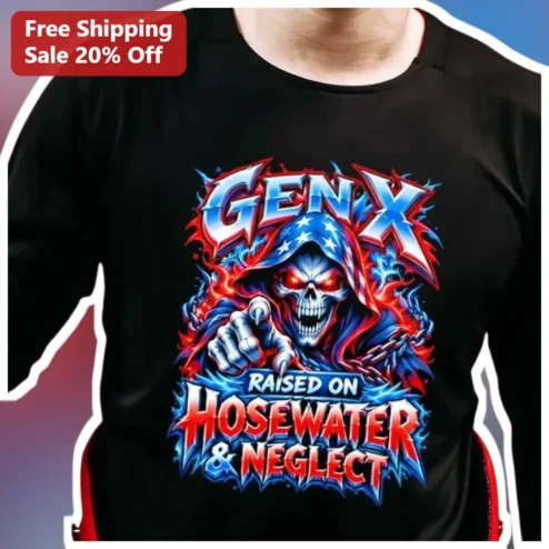 Gen X Raised On Hosewater Neglect Graphic Tee Skeleton Heavy Metal Humor Shirt